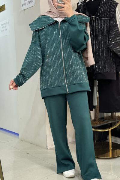 8026 Sukuba Taşlı Takım Pantolonlu Yeşil