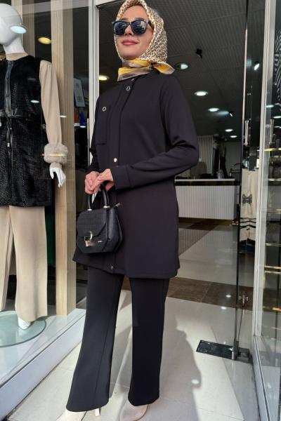 FERMUAR KAPAMALI OYSH TENCEL KUMAŞ PANTOLONLU TAKIM ESSWAAP Siyah