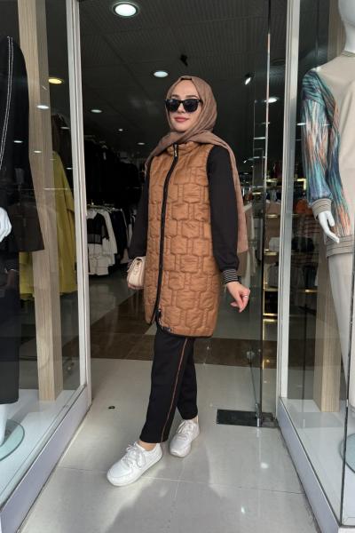 MODAL KAPİTONE TUNİK YELEK PANTOLON TAKIM Taba